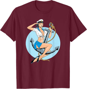 Retro Pin-Up Girl Anchor America Art Vintage Nostalgia T-Shirt - T-Shirt | Maroon