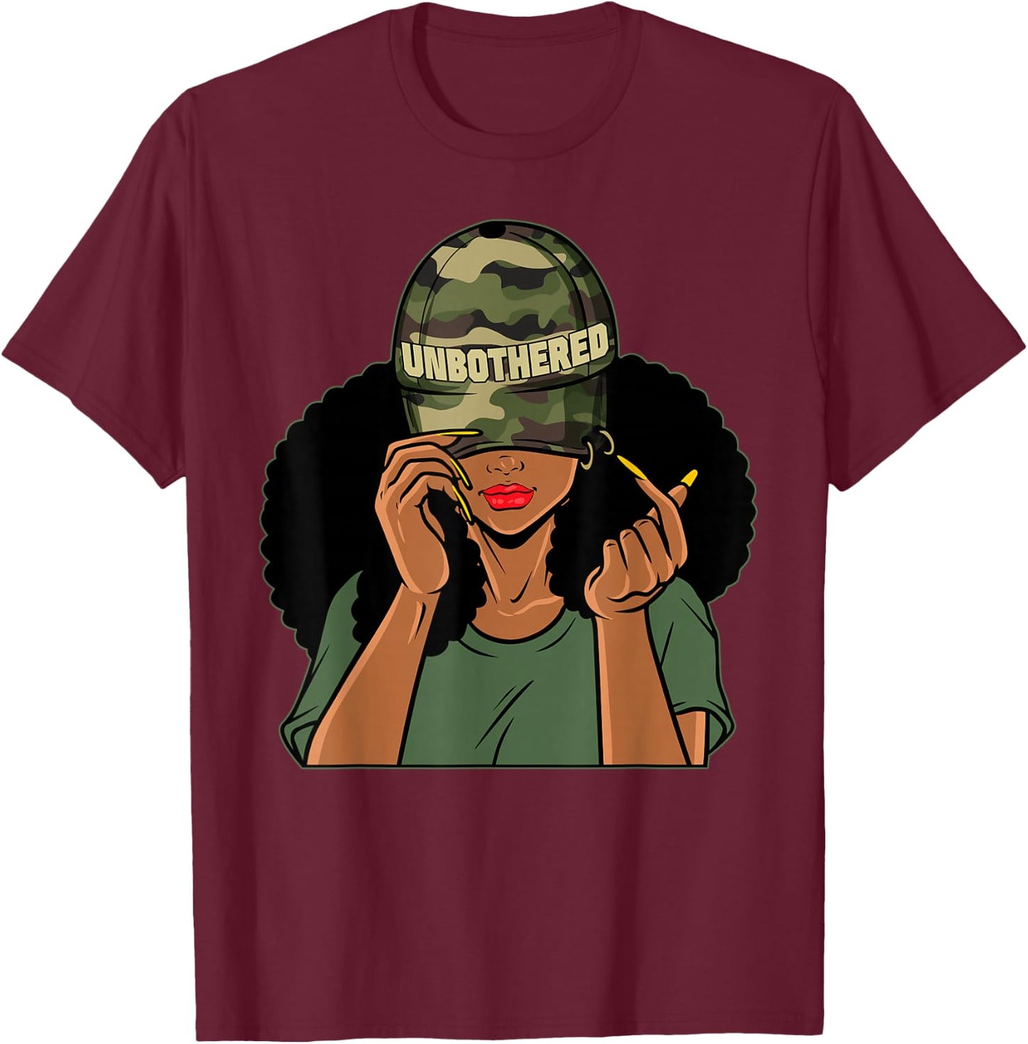Unbothered Black Girl Camoflauge Afro Woman Black Queen T-Shirt - T-Shirt | Maroon