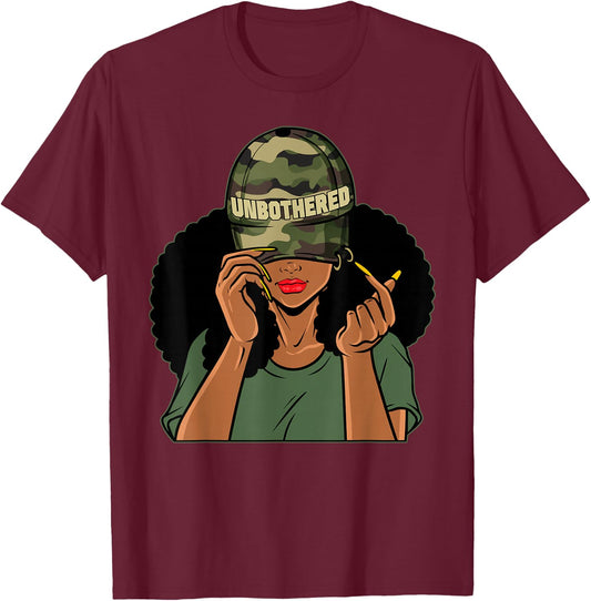 Unbothered Black Girl Camoflauge Afro Woman Black Queen T-Shirt - T-Shirt | Maroon