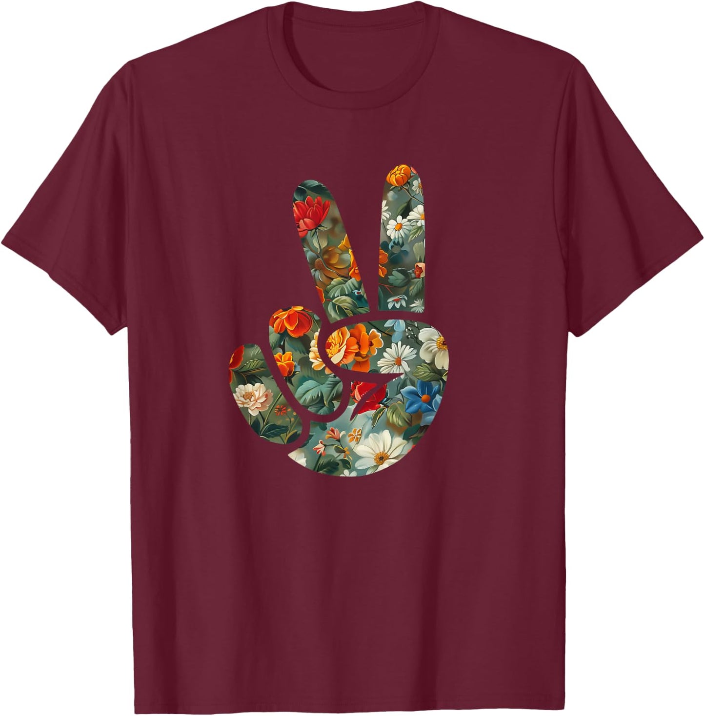 Elegant Silhouette Wildflowers Floral Peace Sign Hand T-Shirt - T-Shirt | Maroon