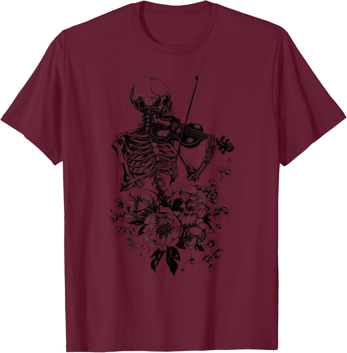 Vintage Skeleton Playing Violin Boho Flower Gothic Goth Art T-Shirt - T-Shirt | Maroon