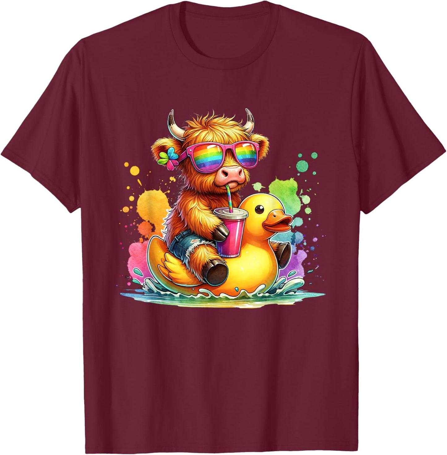 Cute Highland Cow Duck Pool Float Summer Vibes Swimming T-Shirt - T-Shirt | Maroon