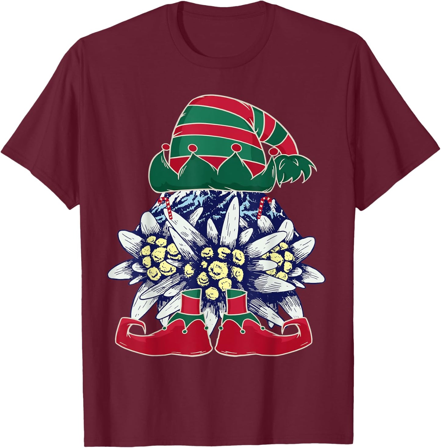 Edelweiss Elf Christmas Alps Hiking Switzerland Xmas T-Shirt - T-Shirt | Maroon