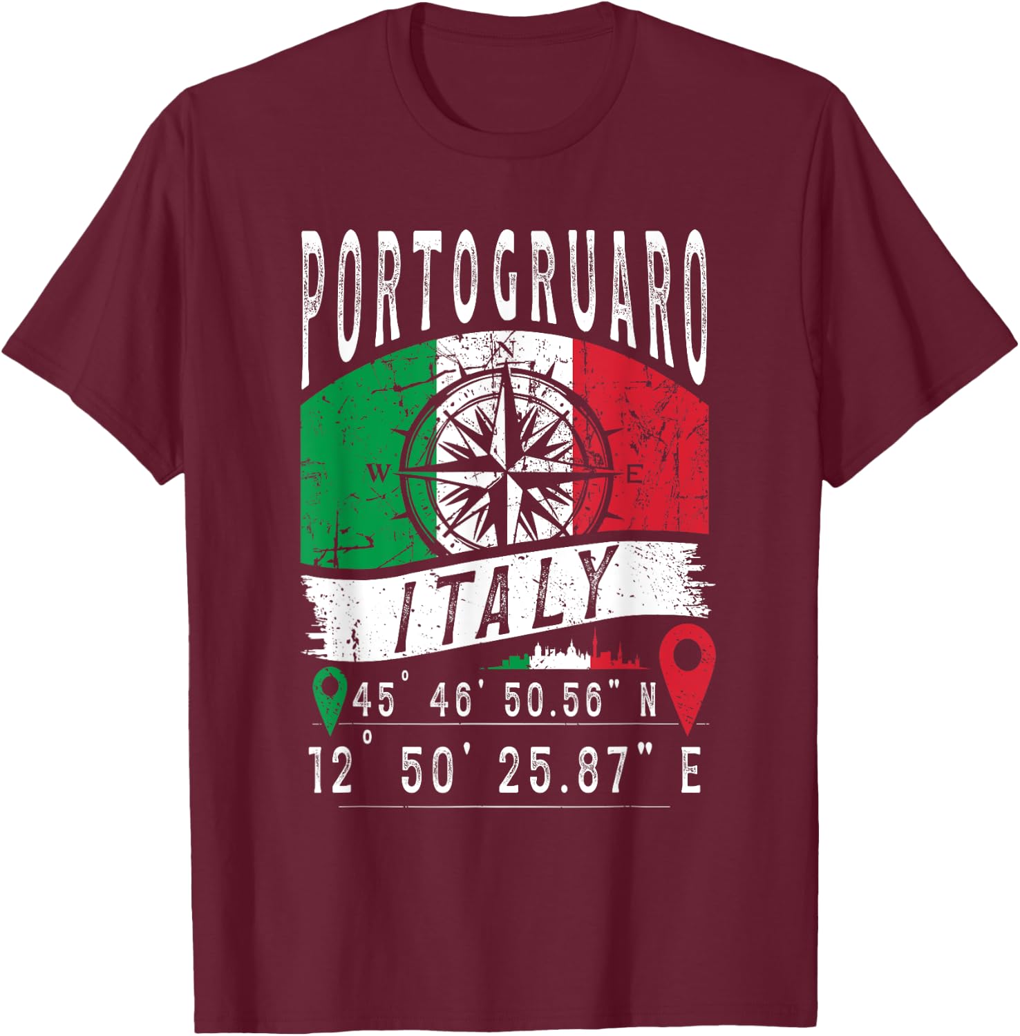 Portogruaro Italy Flag Italia GPS Coordinates Of Portogruaro T-Shirt - T-Shirt | Maroon