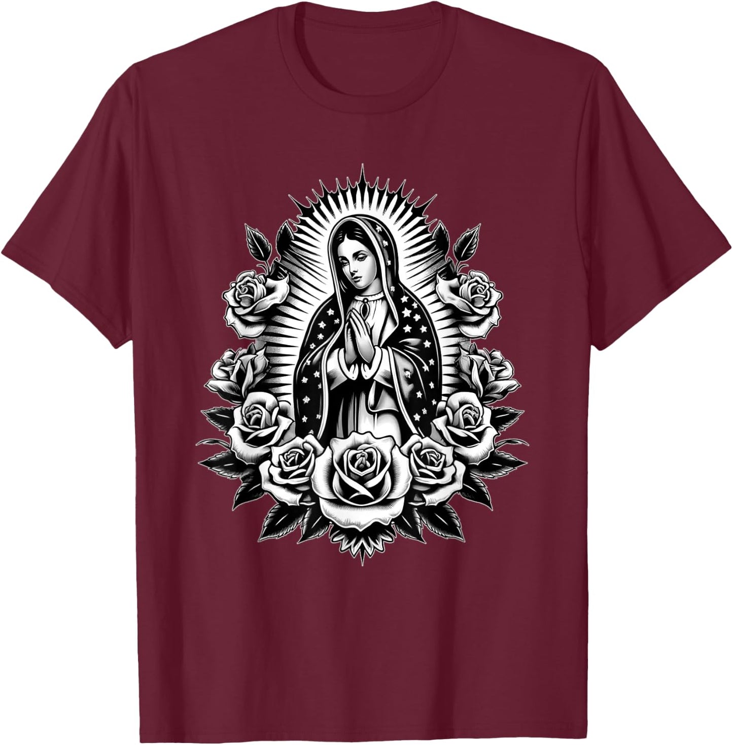 Cosas Mexicanas Apparel Co Virgen de Guadalupe Virgin Mary Virgencita Floral , Small, Black T-Shirt - T-Shirt | Maroon