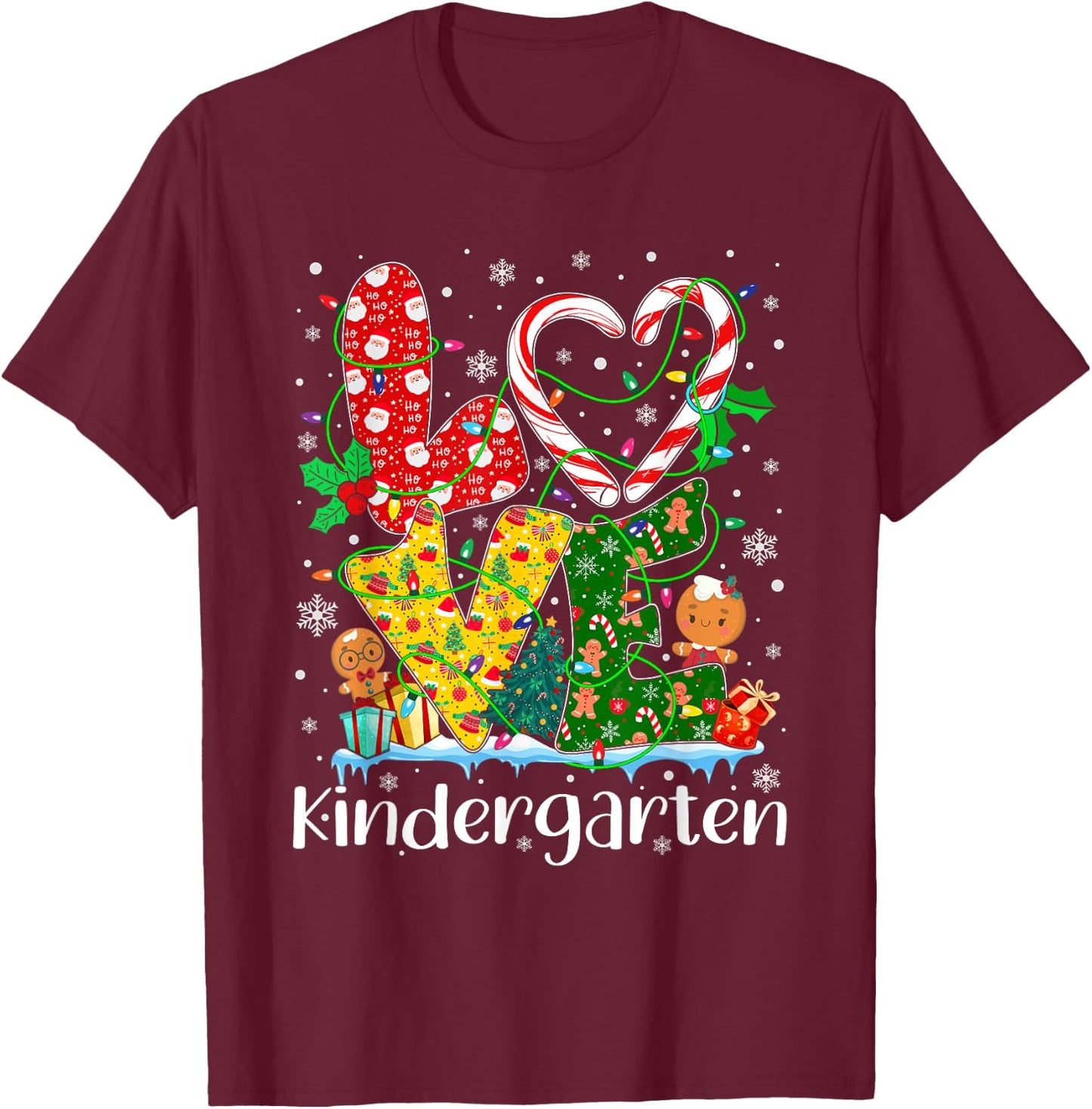 Love Kindergarten Teacher Xmas Gingerbread Christmas Pajamas T-Shirt - T-Shirt | Maroon