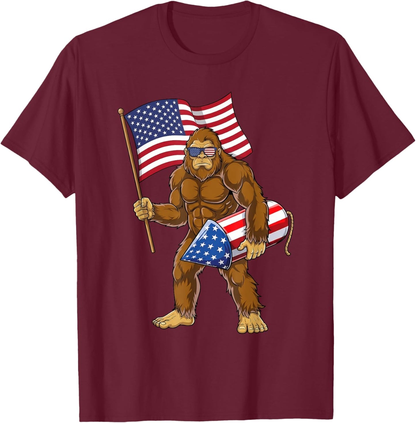 4th of July Bigfoot Sasquatch Fireworks America Patriotic T-Shirt - T-Shirt | Maroon