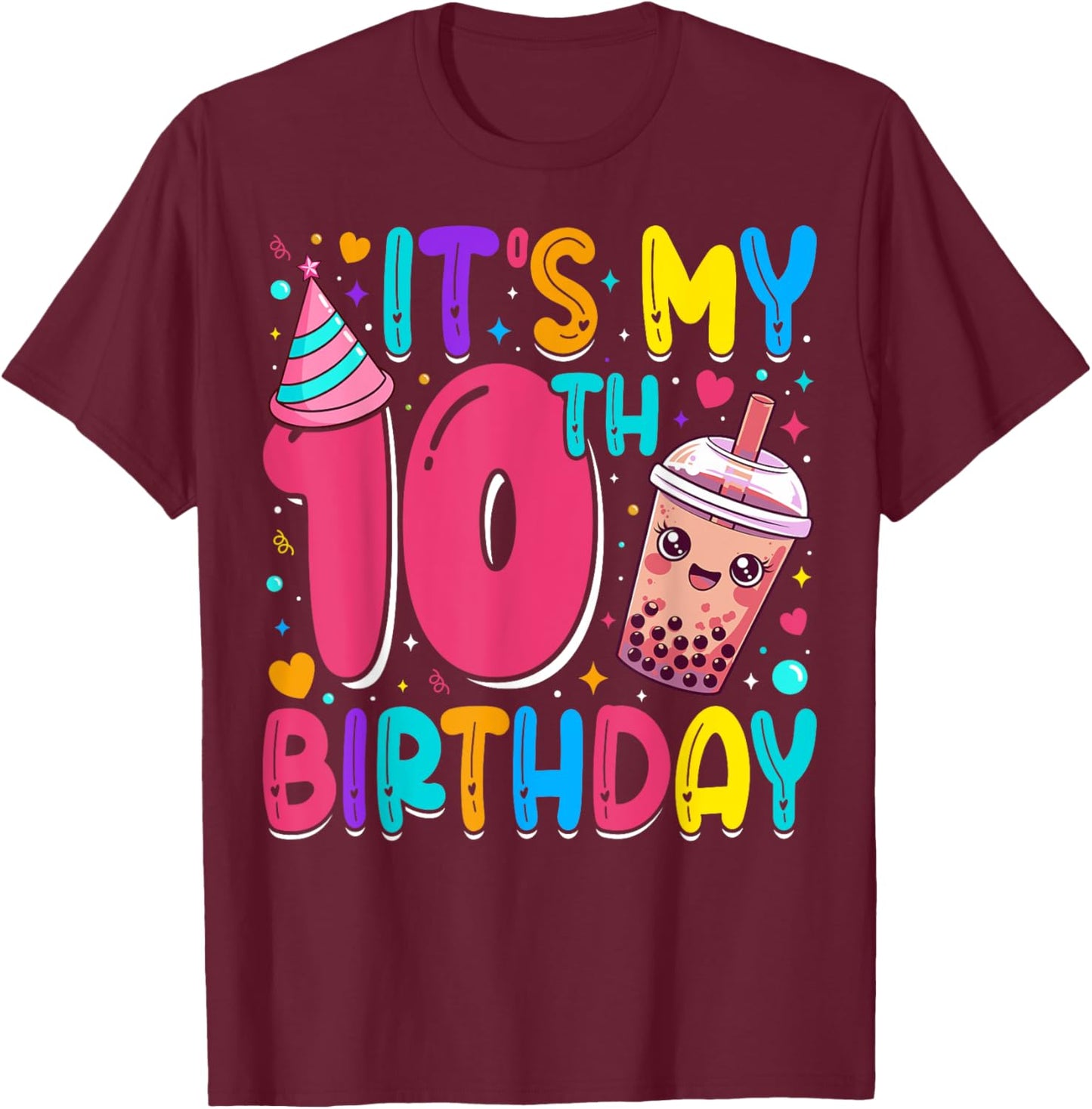 It's My 10th Birthday Bubble Boba Tea Party 10 Year Old Girl T-Shirt - T-Shirt | Maroon