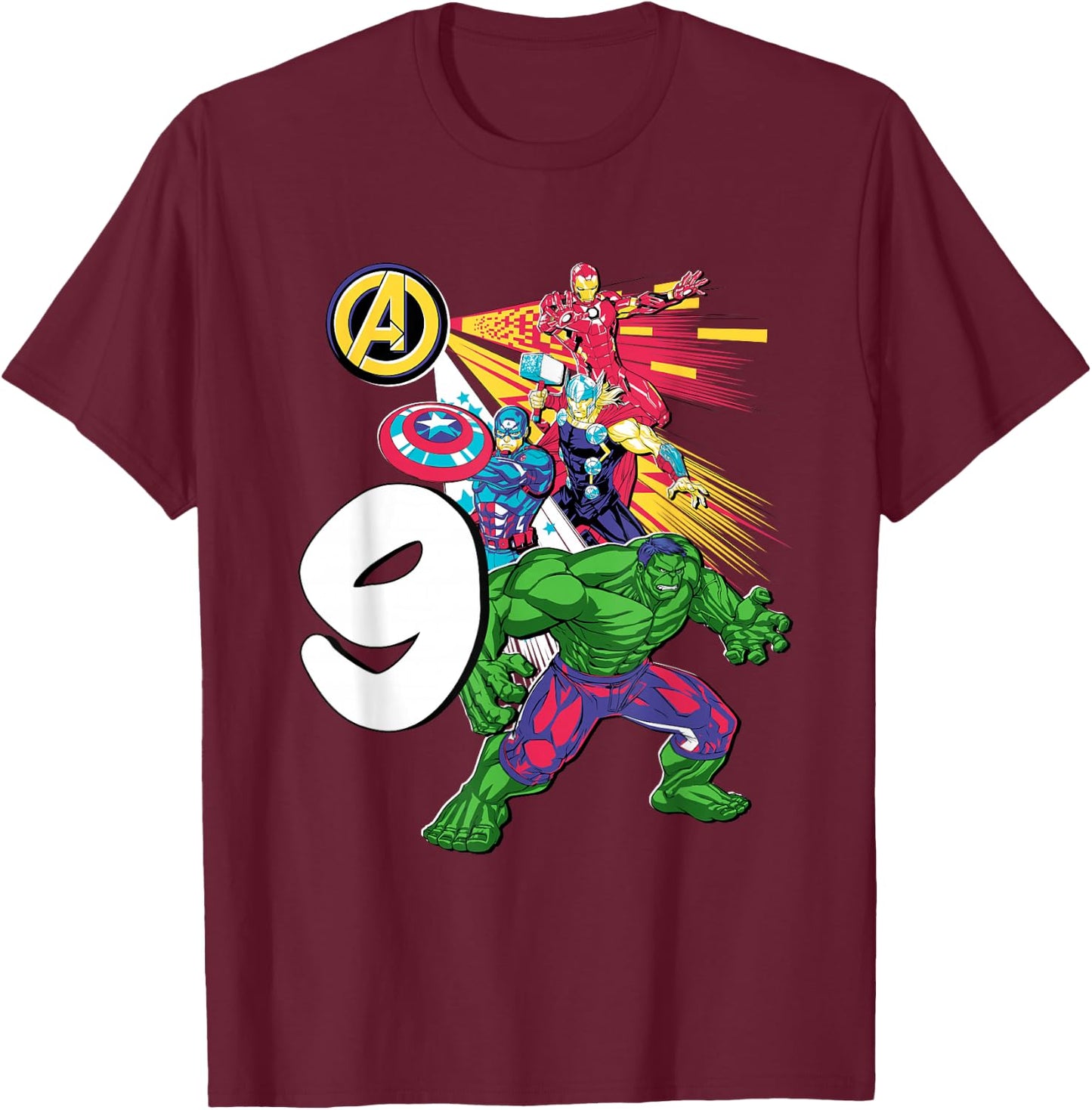 Marvel Super Heroes Avengers 9 Year Old Ninth Birthday T-Shirt - T-Shirt | Maroon