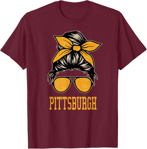 Pittsburgh Women Girl Messy Bun Hair. Gift Girl T-Shirt - T-Shirt | Maroon