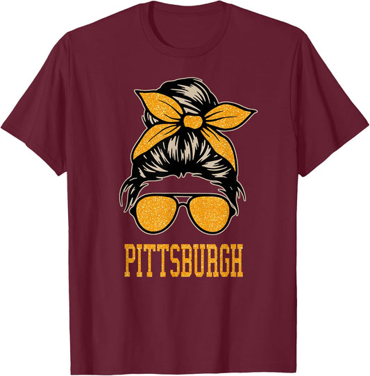 Pittsburgh Women Girl Messy Bun Hair. Gift Girl T-Shirt - T-Shirt | Maroon