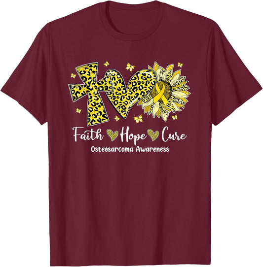 Faith Hope Cure Sunflower Leopard Osteosarcoma Awareness T-Shirt - T-Shirt | Maroon