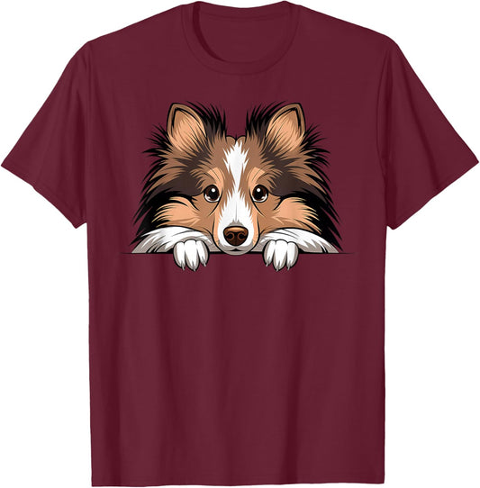 Shetland Sheepdog Cute Peeking Puppy Funny Sheltie Dog Lover T-Shirt - T-Shirt | Maroon