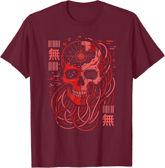 Void Mecha Skull Retro Cyberpunk Goth Techwear Aesthetic T-Shirt - T-Shirt | Maroon