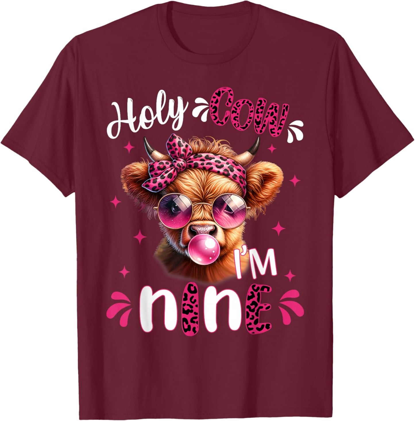 I'm Nine Years Old Girl It's My 9th Birthday Highland Cow T-Shirt - T-Shirt | Maroon