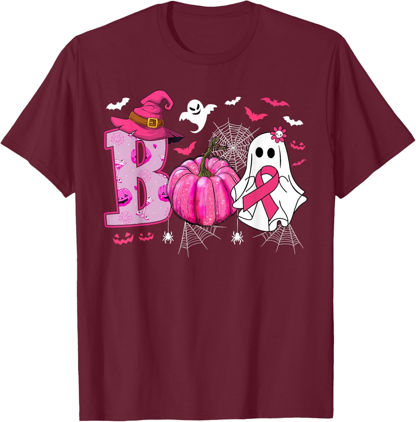 Breast Cancer Awareness Boo Ghost Halloween Women Kids T-Shirt - T-Shirt | Maroon