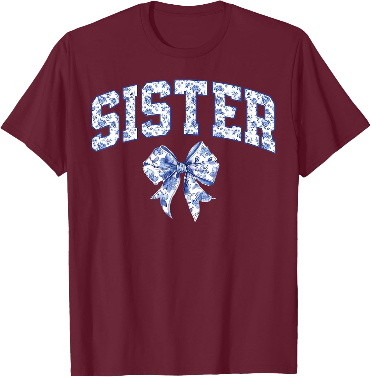Sister Coquette Toile Blue Bow Floral Family Matching T-Shirt - T-Shirt | Maroon