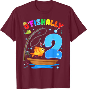 O'Fishally 2 Years Old Birthday Fishing Themed 2nd Party T-Shirt - T-Shirt | Maroon