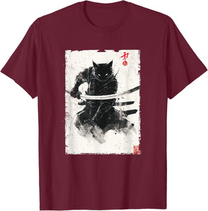 Vintage Samurai Cat Graphic Art Japanese Ukiyo-e T-Shirt - T-Shirt | Maroon