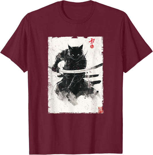Vintage Samurai Cat Graphic Art Japanese Ukiyo-e T-Shirt - T-Shirt | Maroon