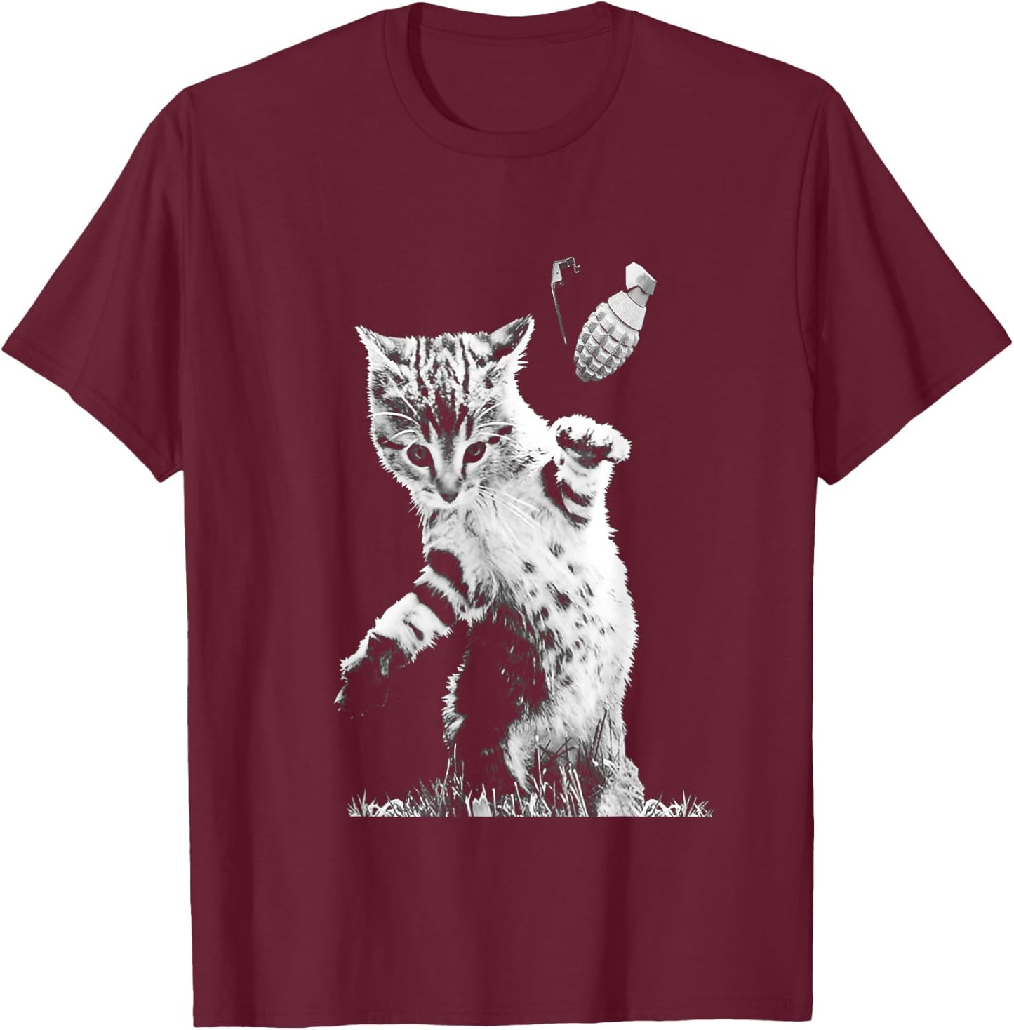 Cat Throwing Grenade Funny Kitty Cat Grenade Scene Cat Lover T-Shirt - T-Shirt | Maroon