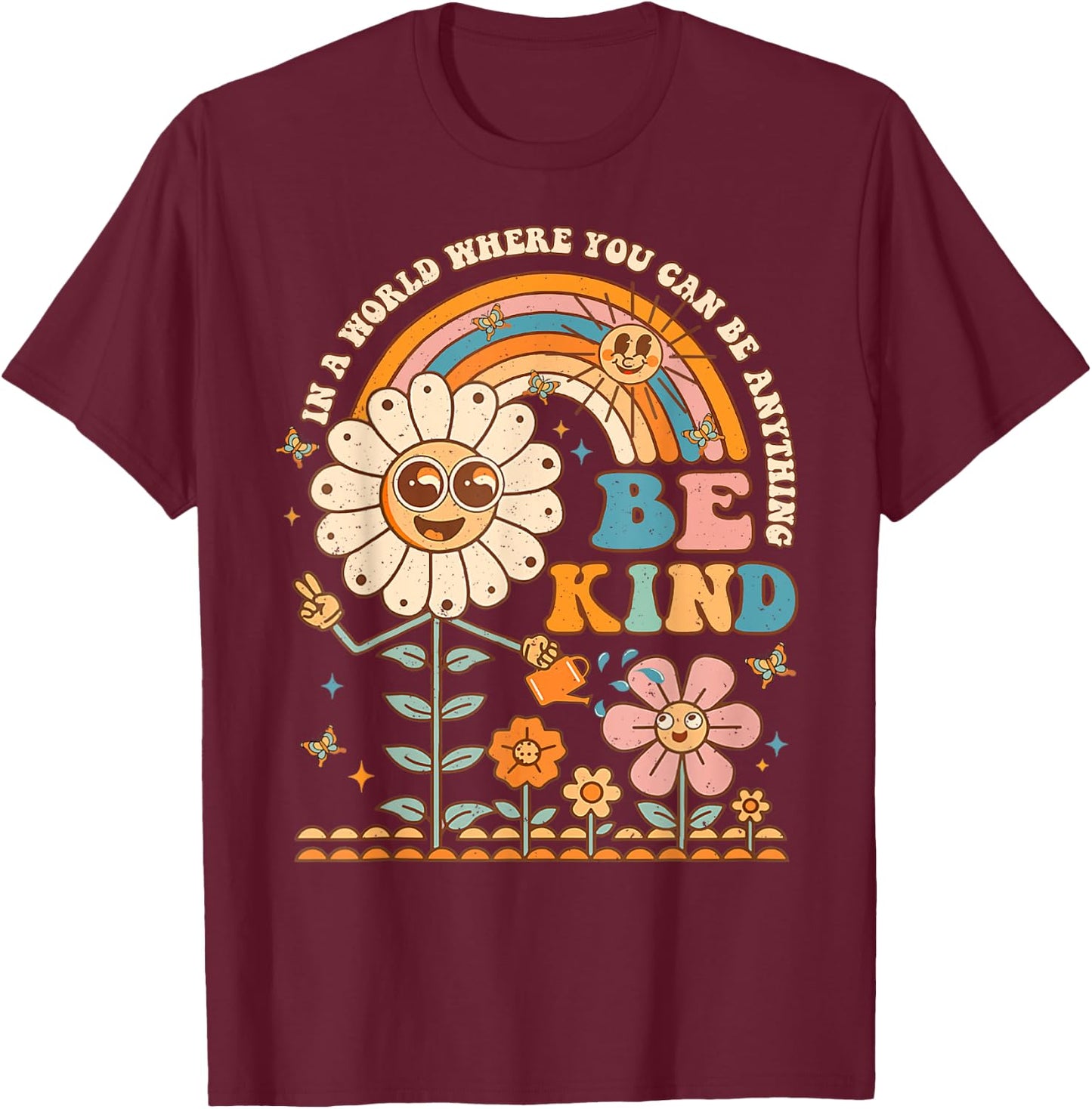 Be Kind Inspirational Positive Vibes Kindness Groovy Retro T-Shirt - T-Shirt | Maroon