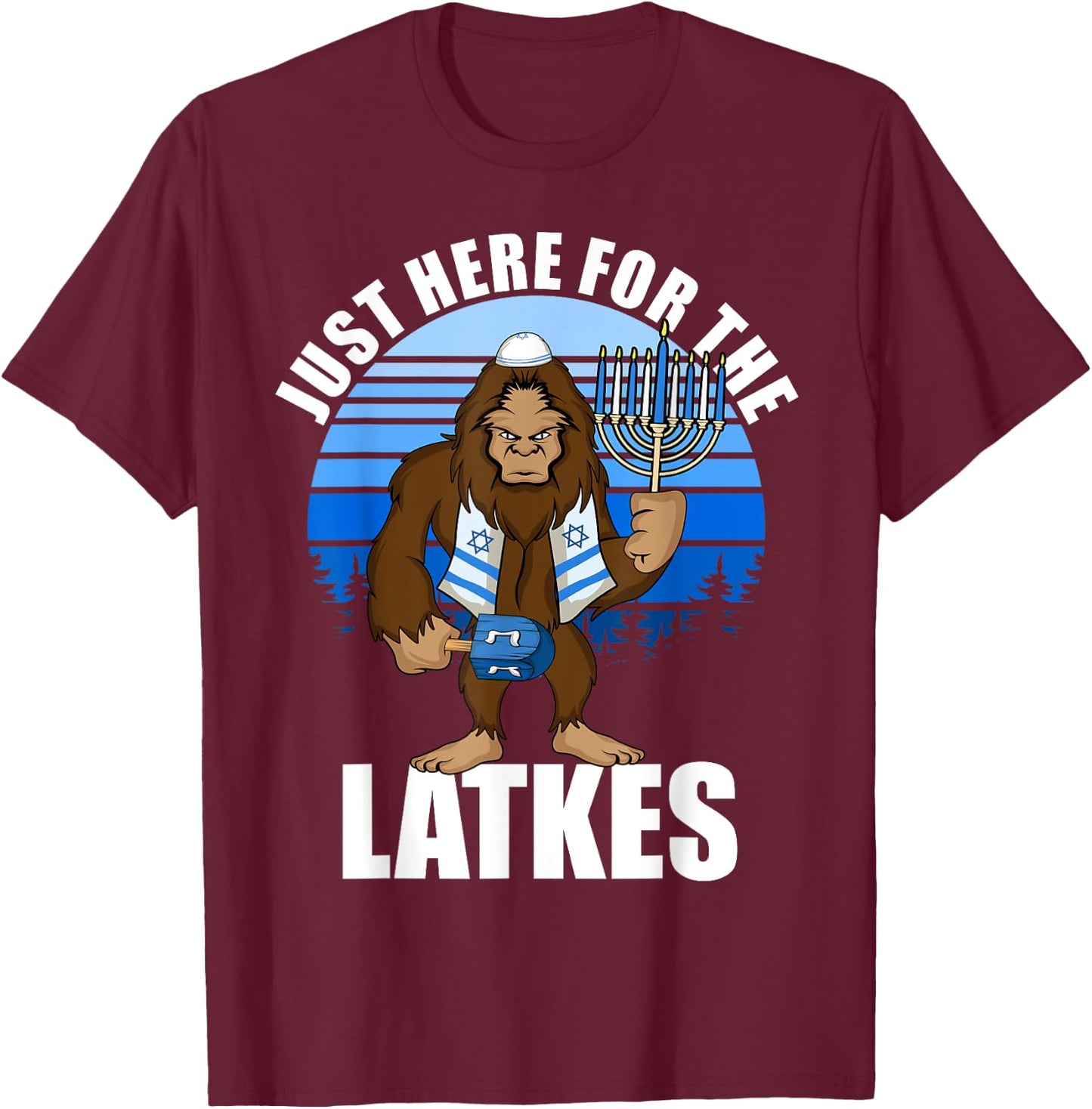 Just Here For The Latkes Hanukkah Bigfoot Boy Men T-Shirt - T-Shirt | Maroon