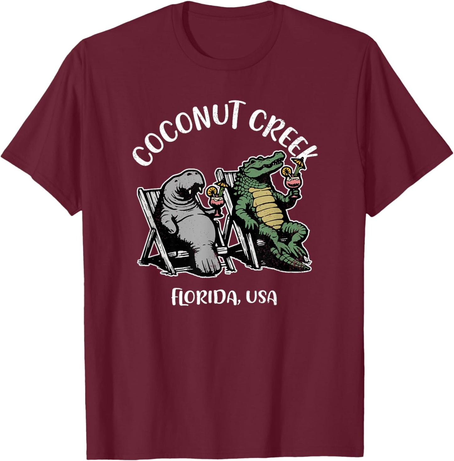 Coconut Creek Florida USA Funny Manatee and Alligator Design T-Shirt - T-Shirt | Maroon