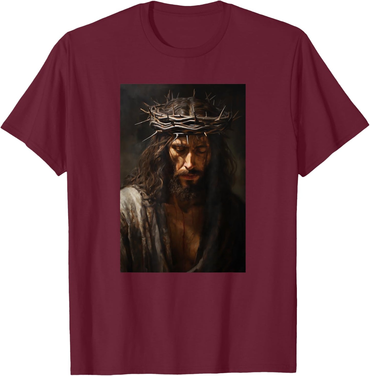 Vintage Jesus Christ Wearing Crown Of Thorns In Prayer T-Shirt - T-Shirt | Maroon