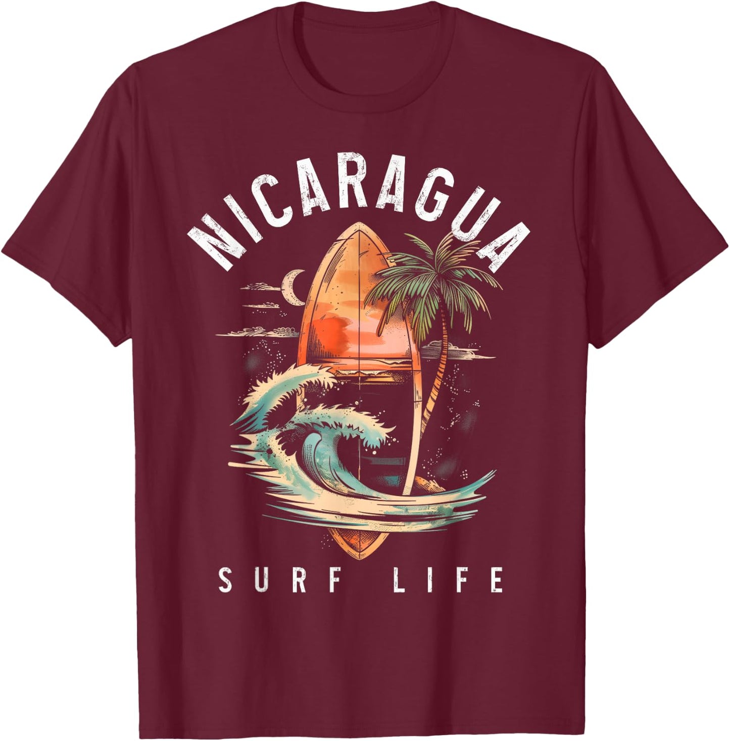 Nicaragua Nica Surf Vintage Surfing Surfer T-Shirt - T-Shirt | Maroon