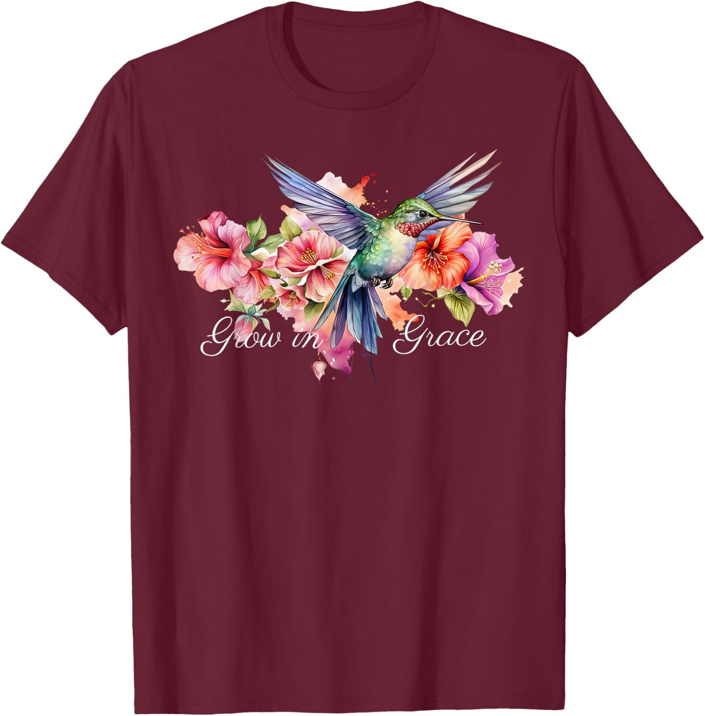 Grow In Grace Flower Hummingbird Christian Bible Verse T-Shirt - T-Shirt | Maroon