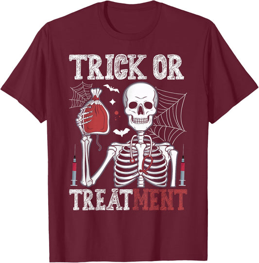 Trick Or Treatment Skeleton Doctor Halloween T-Shirt - T-Shirt | Maroon