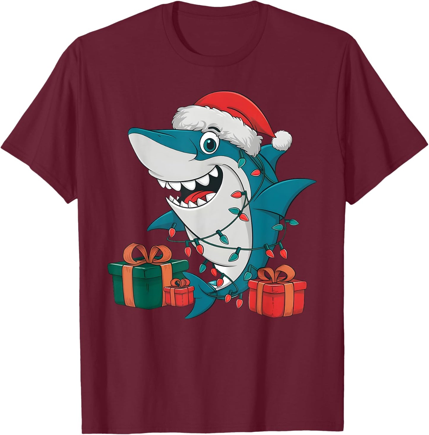 Xmas Lighting Santa Hat Shark Christmas T-Shirt - T-Shirt | Maroon