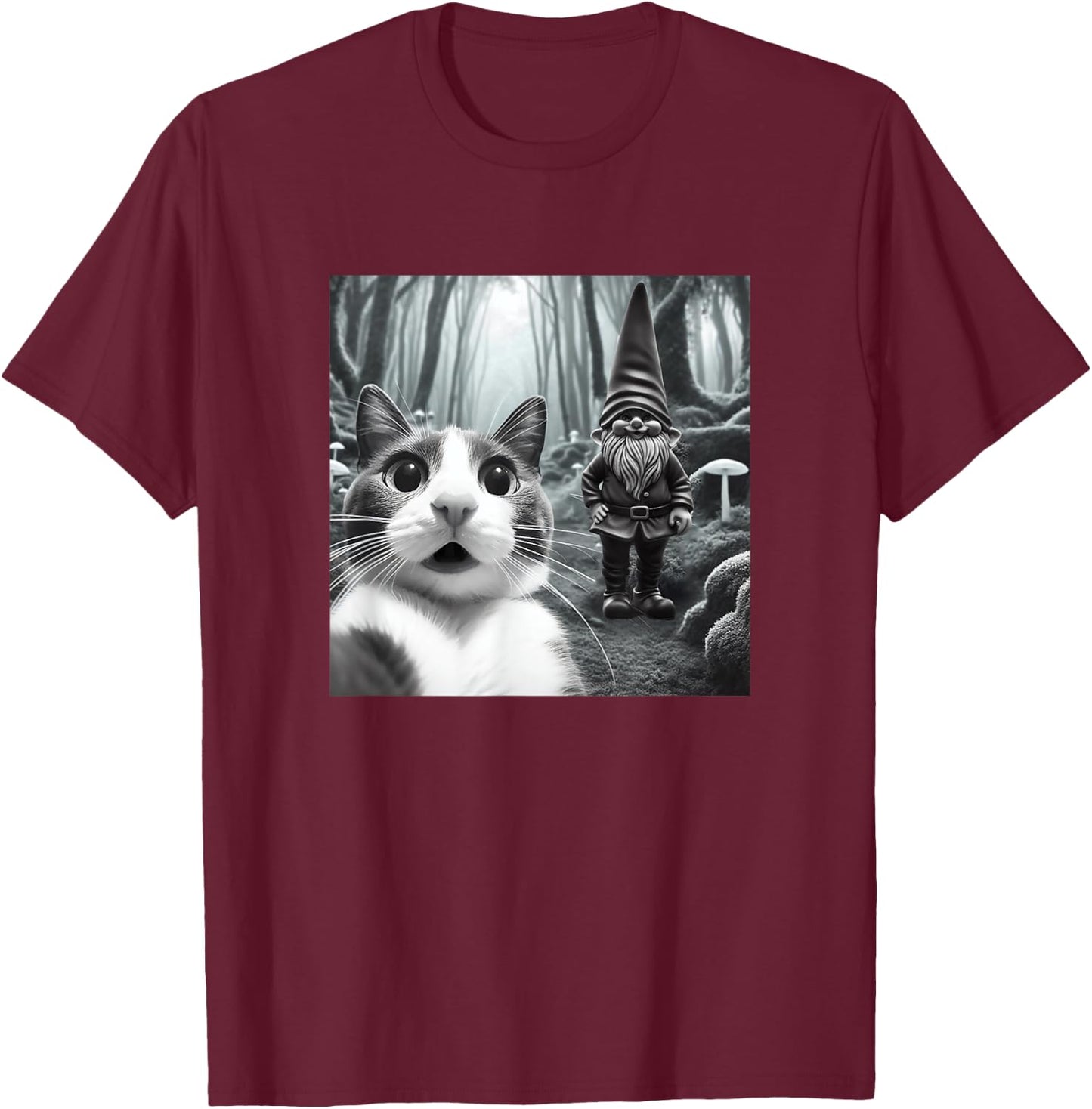 Funny Cat Selfie with Gnome Halloween Fall Christmas Women T-Shirt - T-Shirt | Maroon