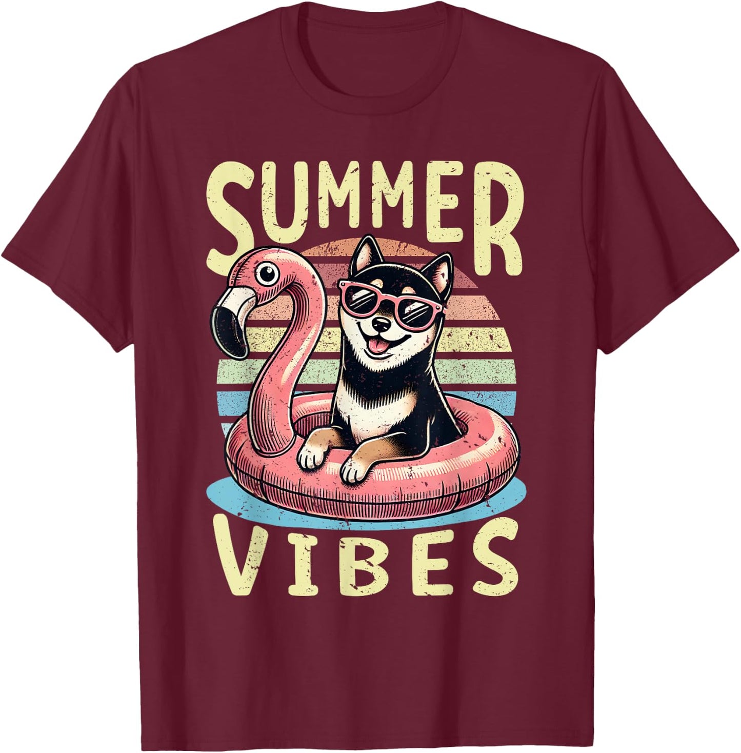 Retro Summer Vibes Black and Tan Shiba Inu Dog Vacation Trip Women Girls Kids T-Shirt - T-Shirt | Maroon