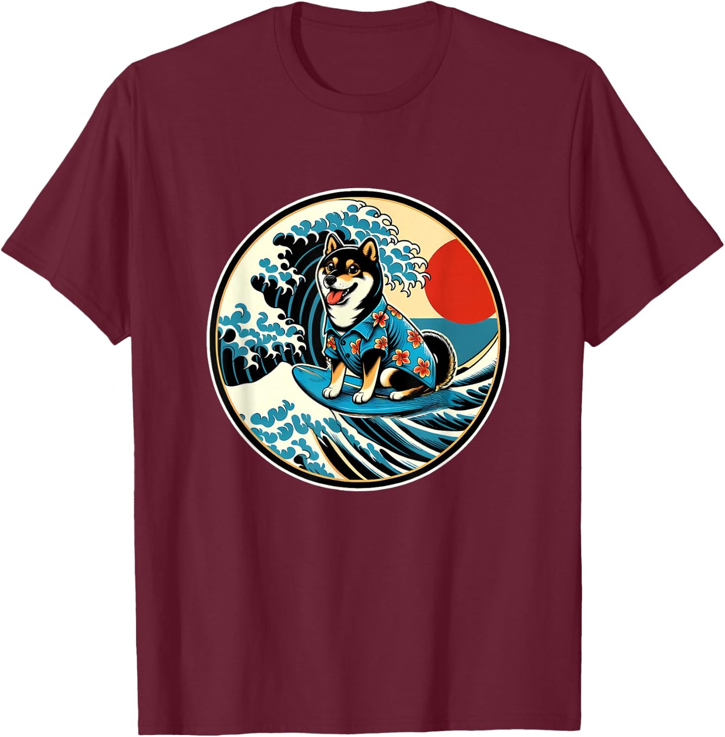 Great Wave Kanagawa Black and tan Shiba Inu Surfing T-Shirt - T-Shirt | Maroon
