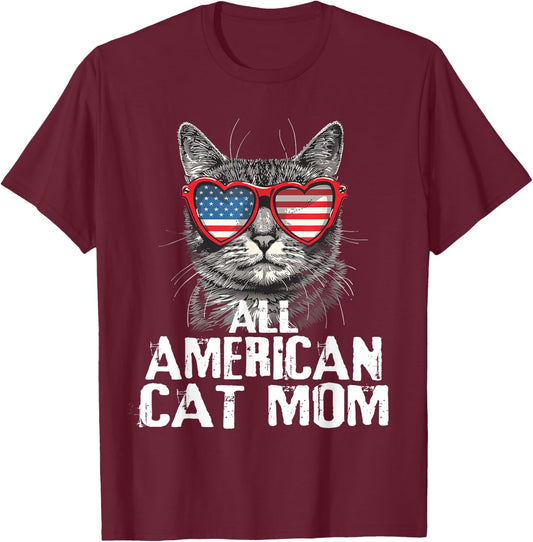 All American Cat Mom 4th Of July Patriotic Women Teen Girls T-Shirt - T-Shirt | Maroon