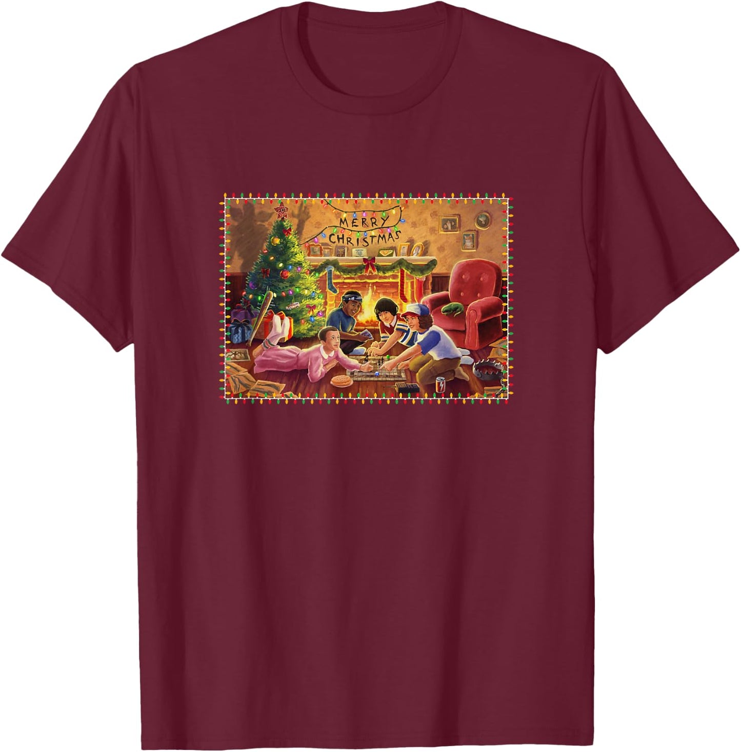 Stranger Things Merry Christmas Cozy Living Room Big Poster T-Shirt - T-Shirt | Maroon