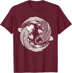Retro Yin And Yang Japanese Koi Fish T-Shirt - T-Shirt | Maroon