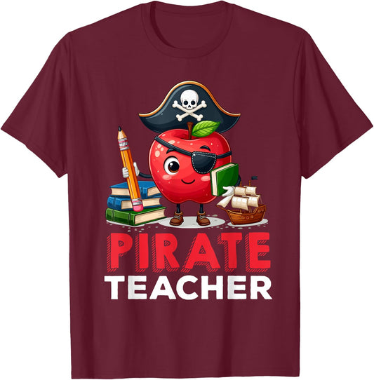 Preschool Prek Teaching Funny Pirate Teacher Apple Teacher Men Women T-Shirt - T-Shirt | Maroon