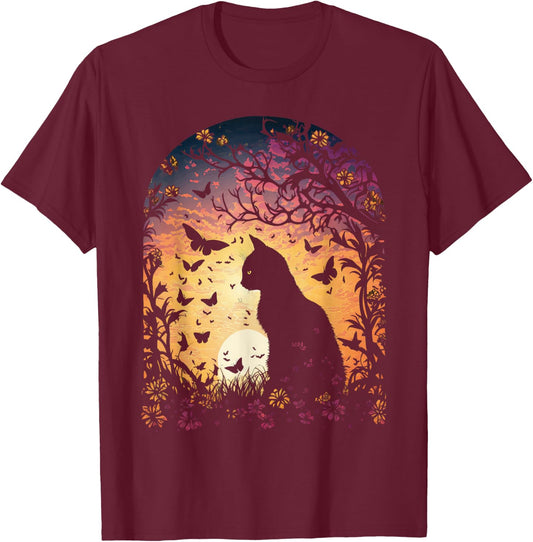 Cottagecore Cat Sunset Butterflies Flowers Garden Women T-Shirt - T-Shirt | Maroon