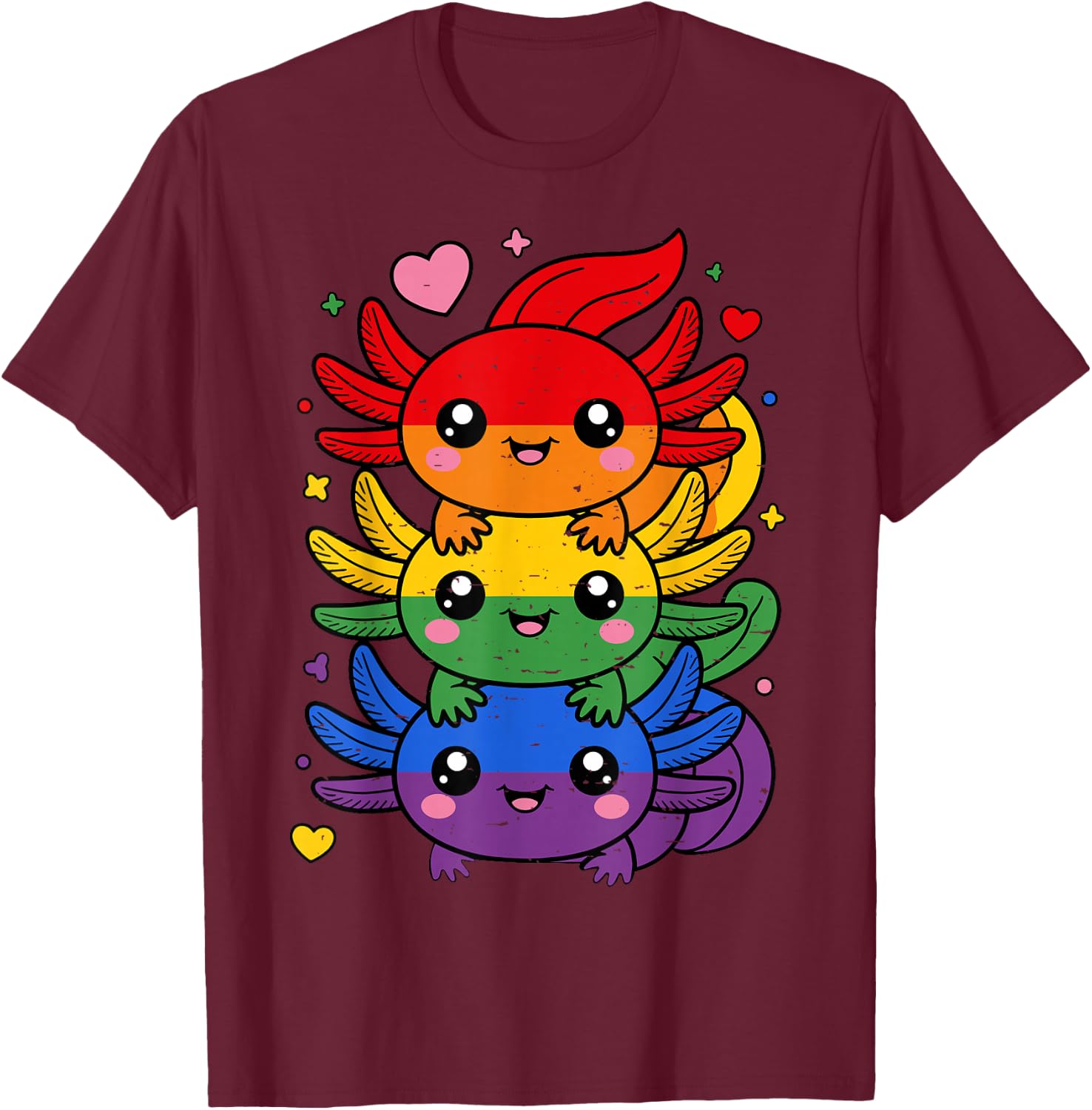 LGBT Axolotl Pile Rainbow Flag LGBTQ Gay Pride Month T-Shirt - T-Shirt | Maroon