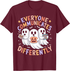 Everyone Communicates Differently Halloween Autism Teacher T-Shirt - T-Shirt | Maroon