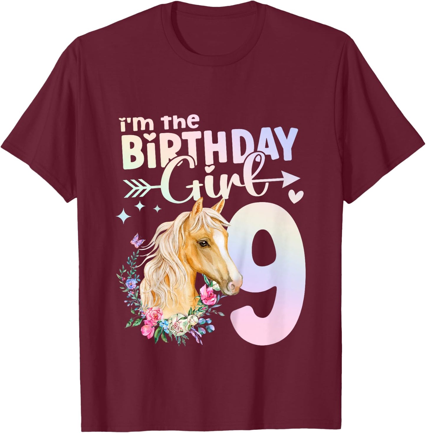 9th Birthday Horse Girl 9 Years Old Nine 9 Birthday Girl T-Shirt - T-Shirt | Maroon