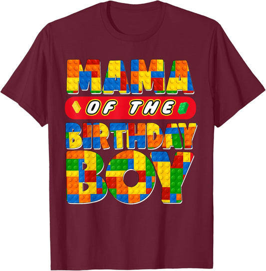 Mom And Dad Mama Birthday Boy Building Bricks Family Party T-Shirt - T-Shirt | Maroon