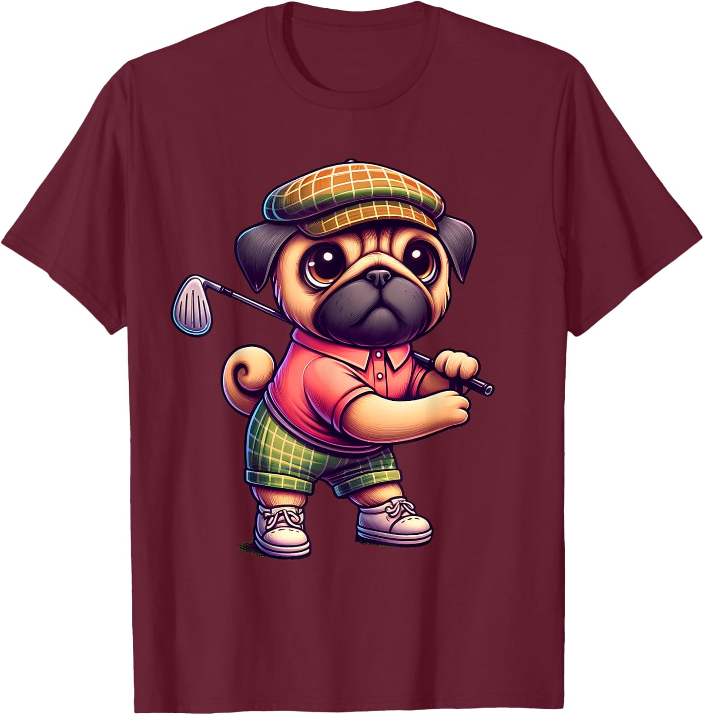 Cute Pug Playing Golf Golfer Golfing Sport Men Women Kids T-Shirt - T-Shirt | Maroon