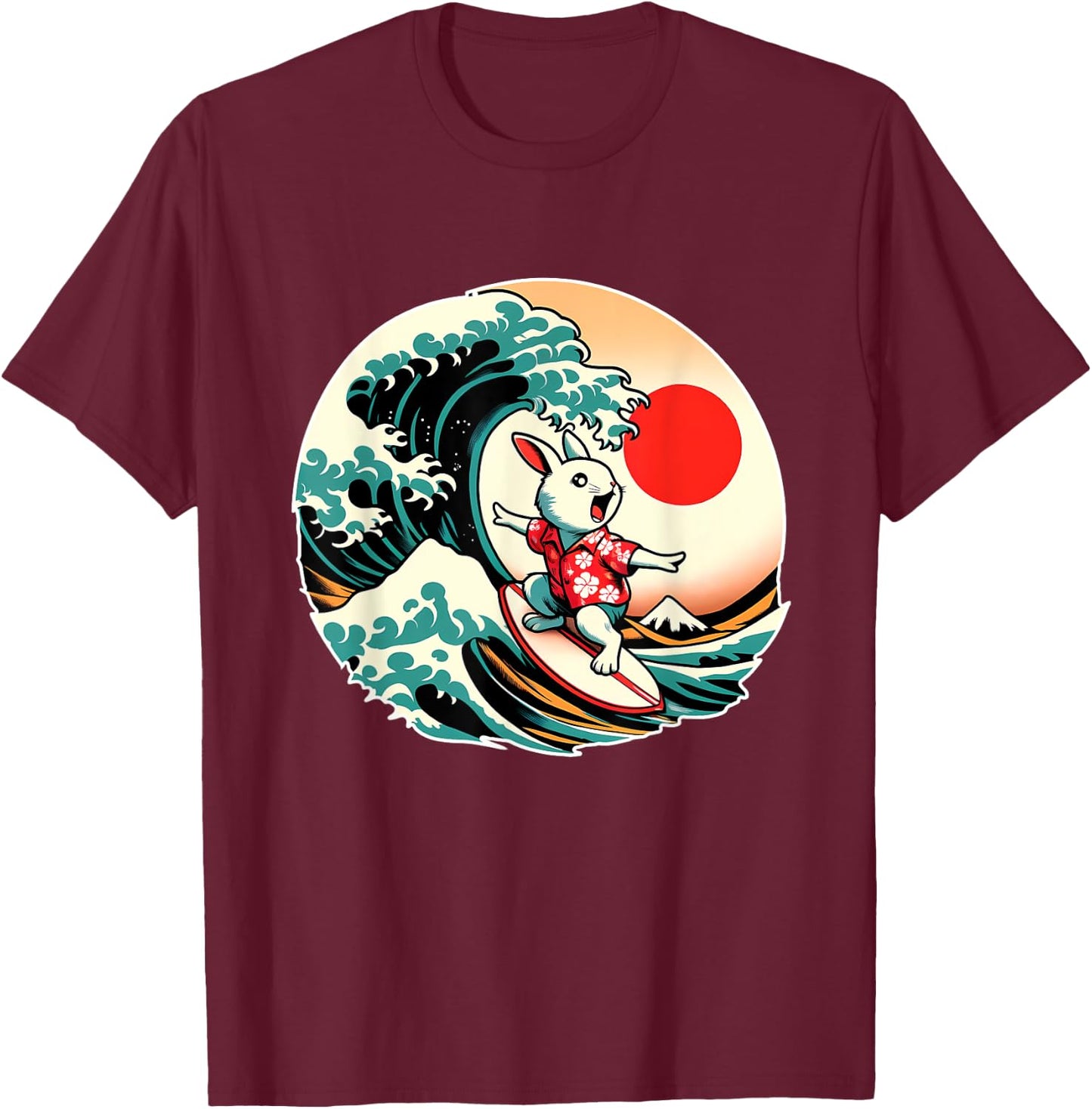 Great Wave Kanagawa Rabbit Surfing T-Shirt - T-Shirt | Maroon