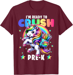 Crush Pre-K Girls Back to School Unicorn First Day Preschool T-Shirt - T-Shirt | Maroon