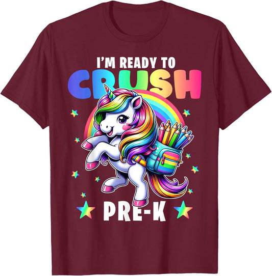Crush Pre-K Girls Back to School Unicorn First Day Preschool T-Shirt - T-Shirt | Maroon