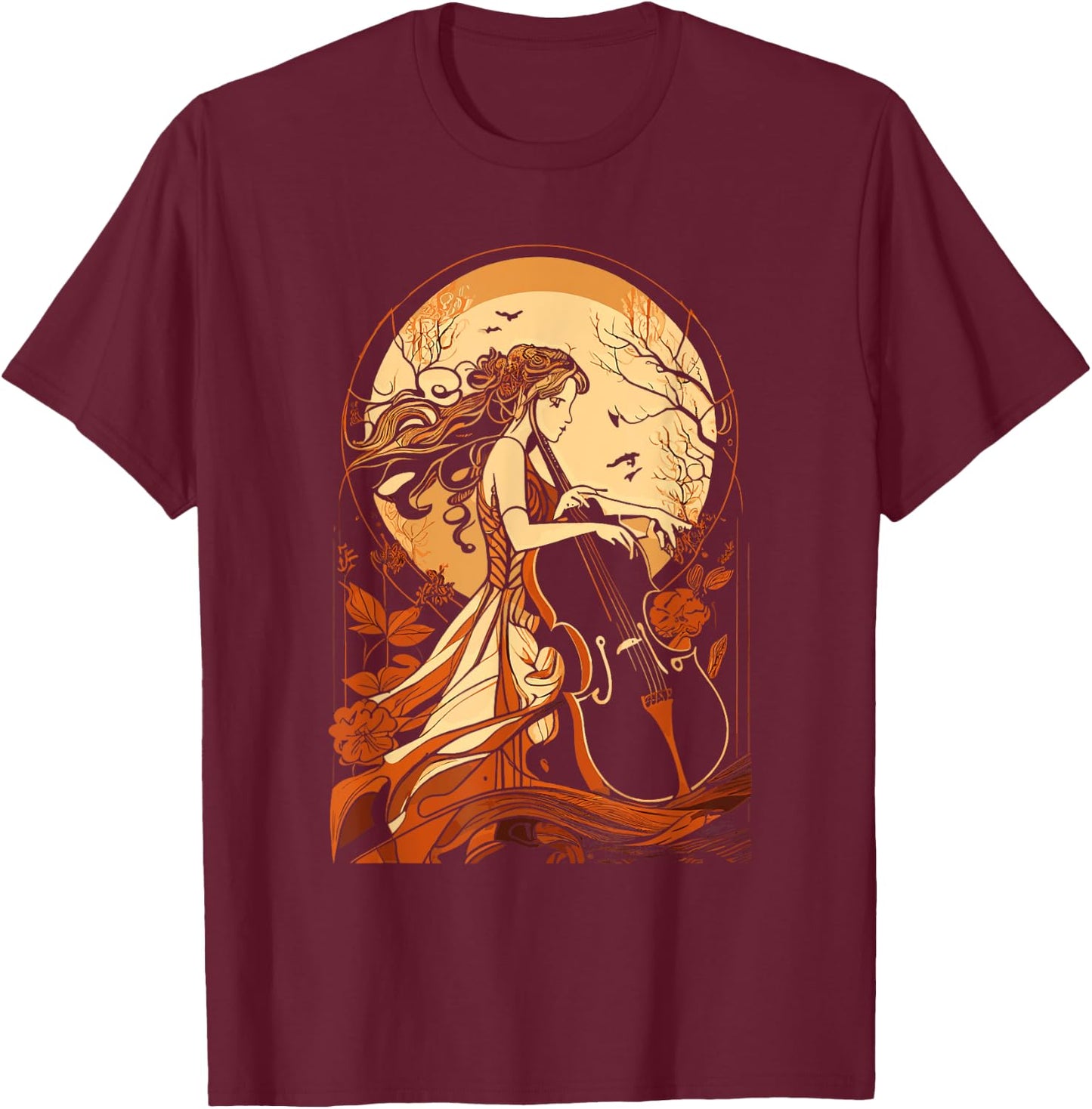 Art Nouveau Cello Girl Beautiful Cello Player Art T-Shirt - T-Shirt | Maroon